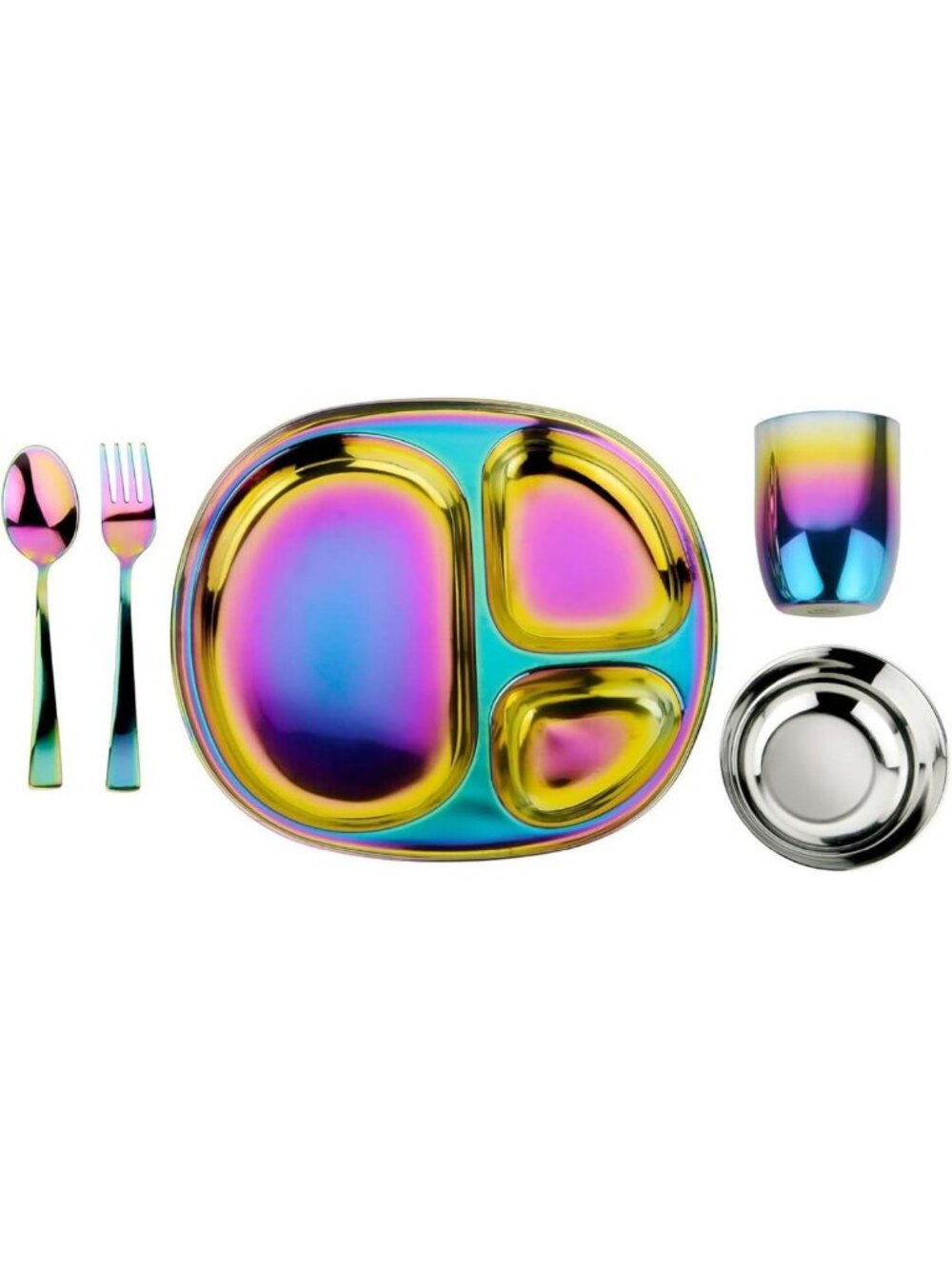 Colorful Rainbow Stainless Steel Kids Dinnerware Set - 5-Piece Durable Tableware